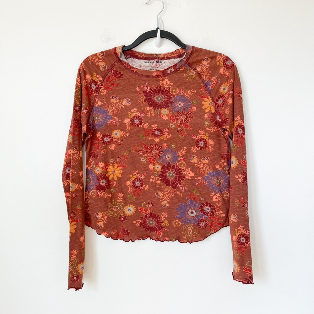 NEW Natural Life Lily Long Sleeve Cotton Tee Floral Lettuce Hem Womens Small - Picture 2 of 9